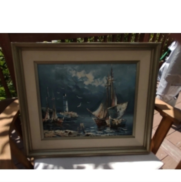 Vintage seascape oil painting, matted and framed by Rikard Lindstrom - Picture 8 of 10